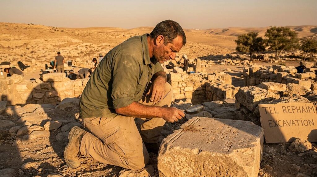 Israeli archeologist examining ancient ruins in desert, golden sunlight.