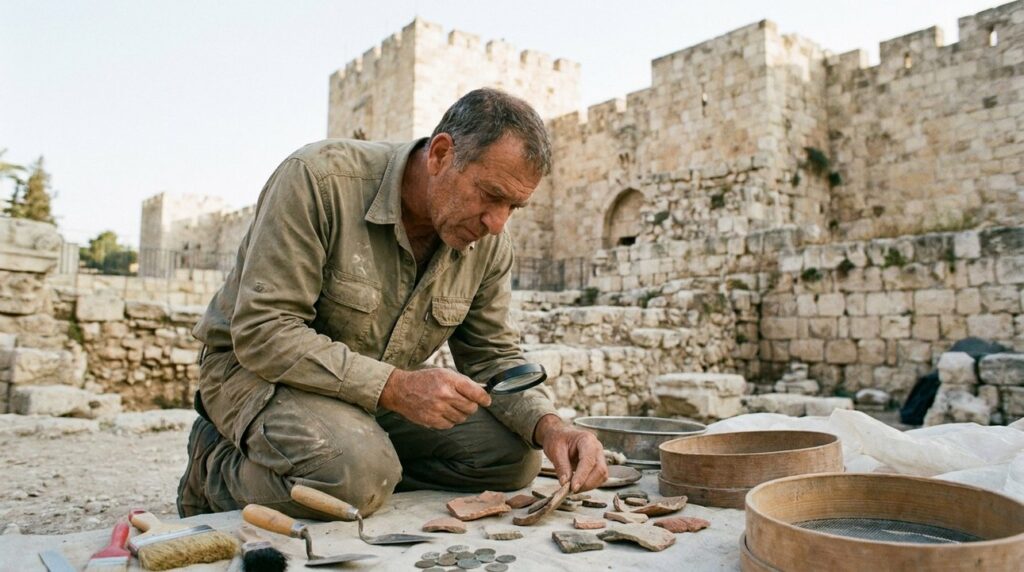 Israeli archaeologist examines artifacts at Valley Gate ruins in Jerusalem.
