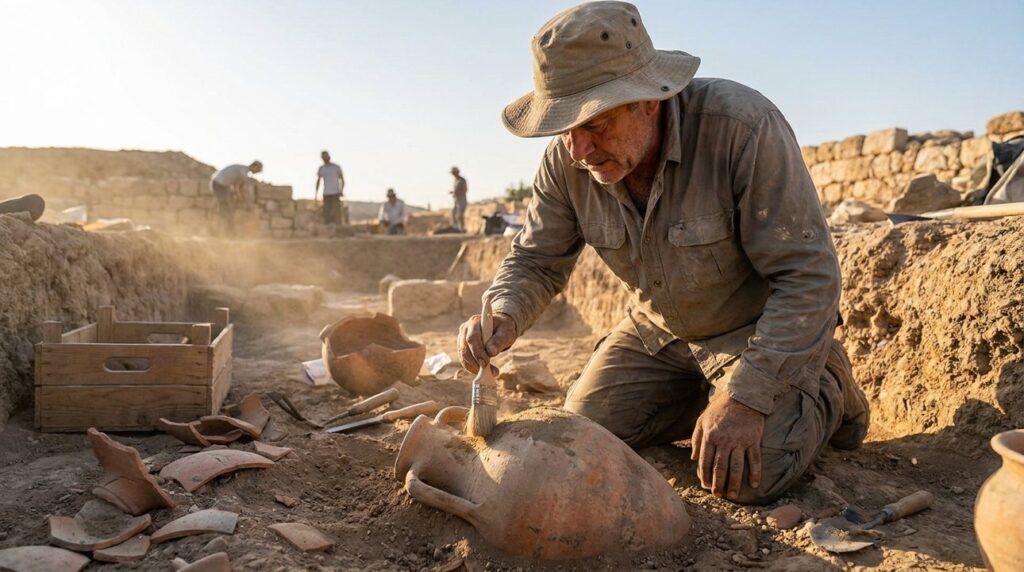 Middle-aged archaeologist examines ancient pottery at Rabbah excavation site.