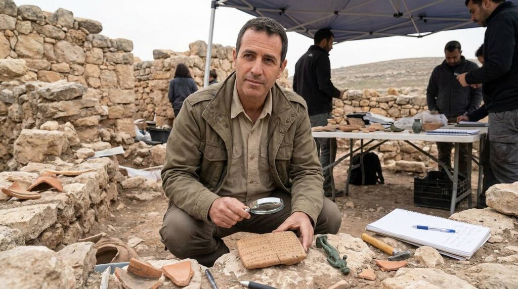 Israeli historian examines ancient texts at archaeological site in Israel.