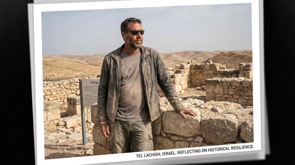 Israeli man in casual clothes stands in Negev desert, reflecting.