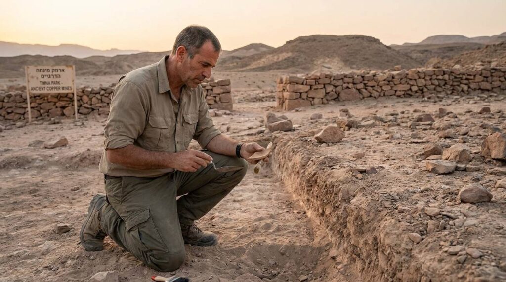Israeli archaeologist examines ancient ruins in the Negev desert.