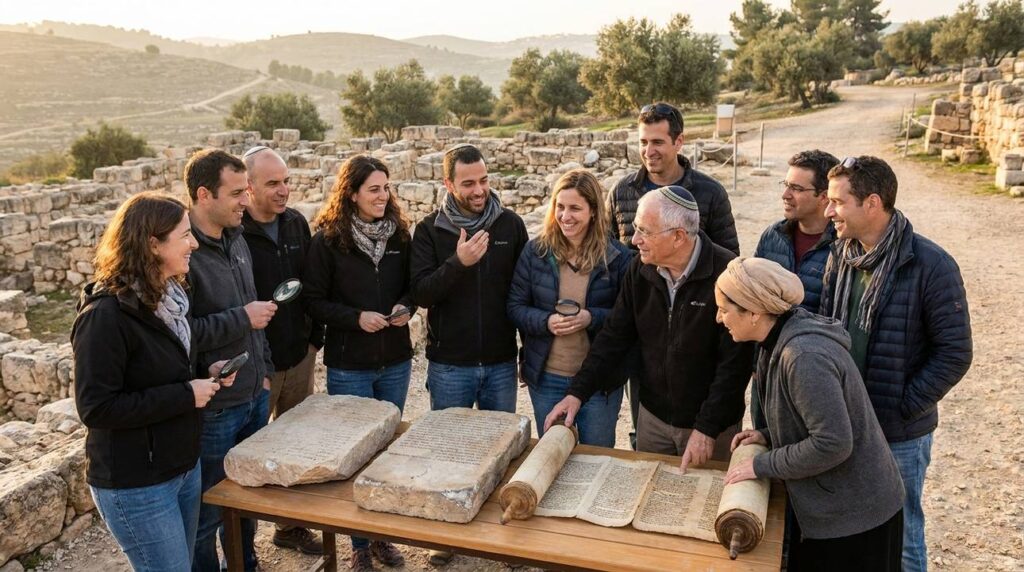 Diverse Israeli academics discuss texts at Jerusalem archaeological site.
