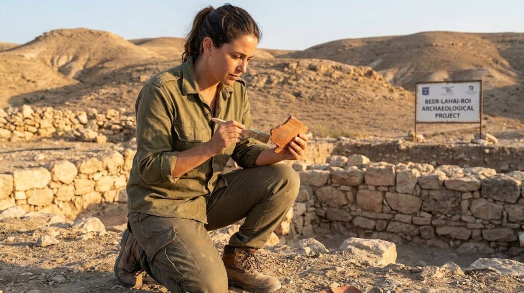 Israeli archeologist examines pottery shards in Negev desert excavation site.