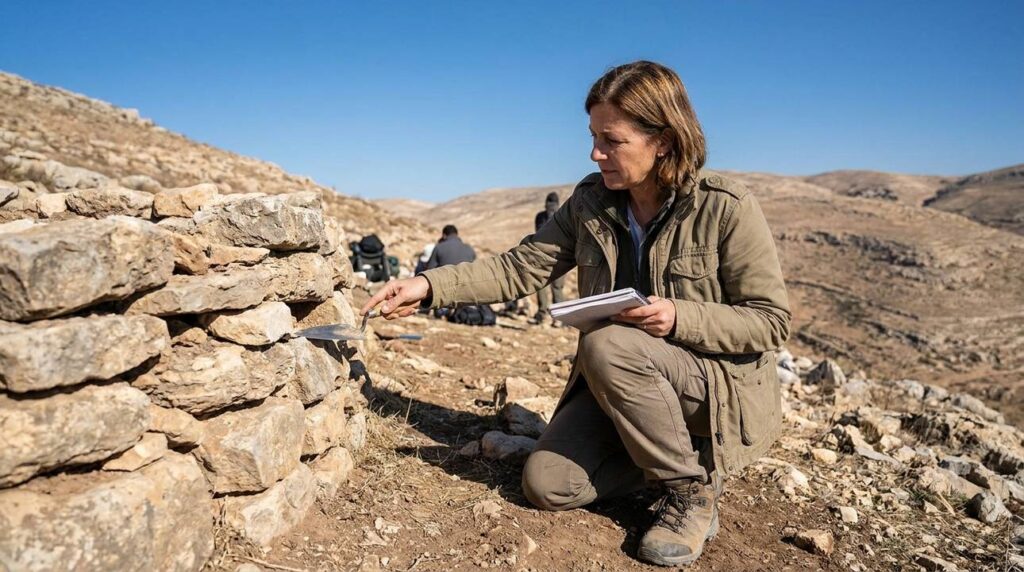 Israeli historian examines ancient ruins on Mount Ebal, pointing out features.