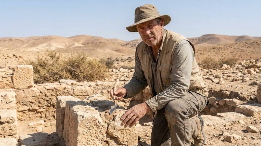Middle-aged archaeologist examines stone ruins in Negev desert.