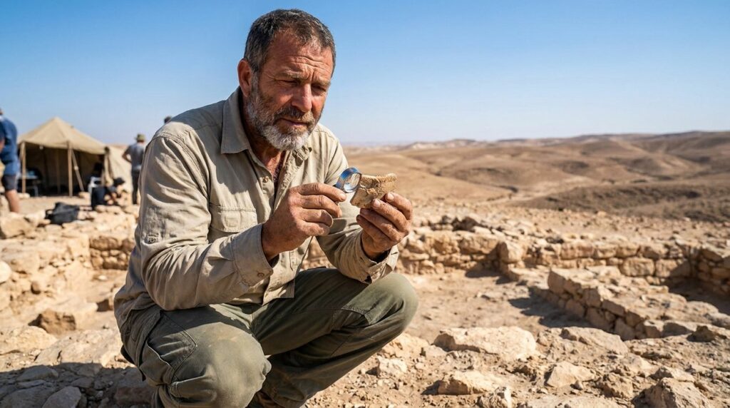 Israeli archaeologist examines artifact at Hormah in Negev desert.