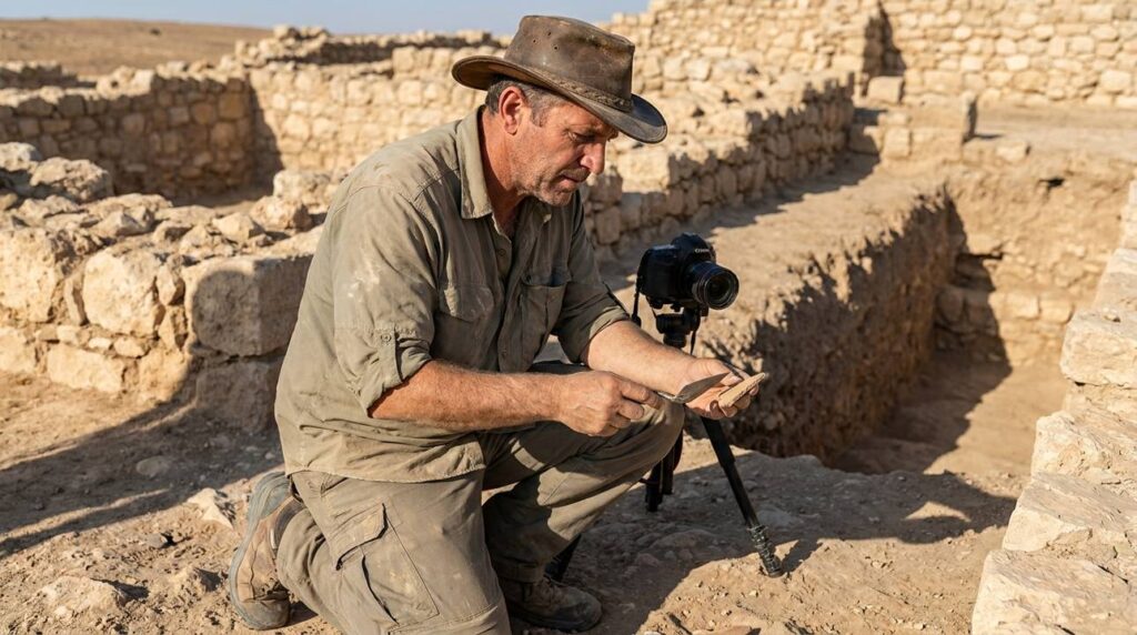 Archaeologist examines Ziklag ruins, camera highlights stone textures and light.