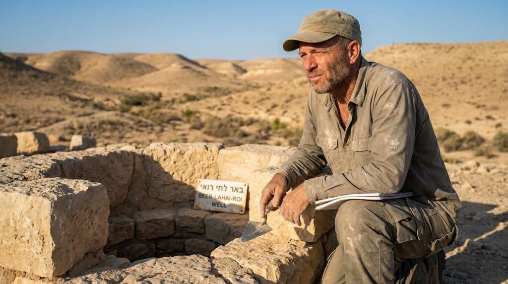 Israeli archaeologist examines ancient stones in Negev desert landscape.