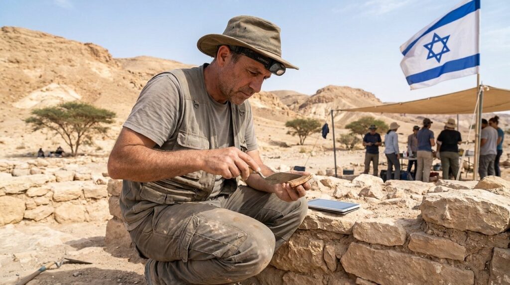 Israeli archaeologist examining ancient ruins in the Negev desert.