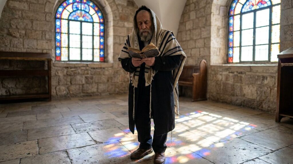 Elderly Jewish man wearing tallit, holding prayer book in synagogue.