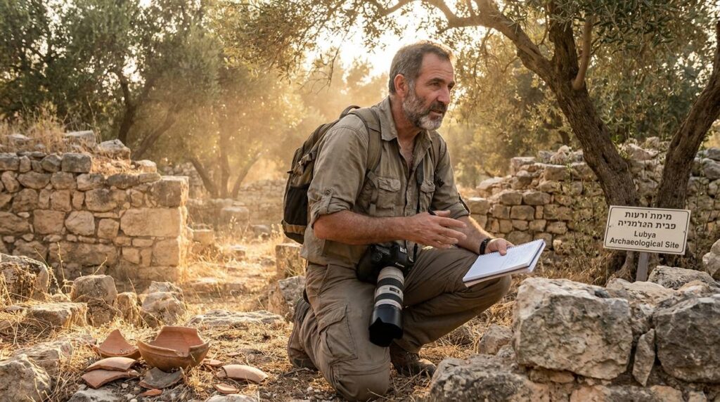 Israeli historian examines ancient ruins at Lubya with camera and notebook.