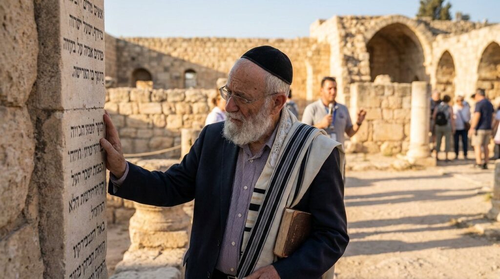 Elderly Jewish man in kippah and tallit explores ancient stone ruins.