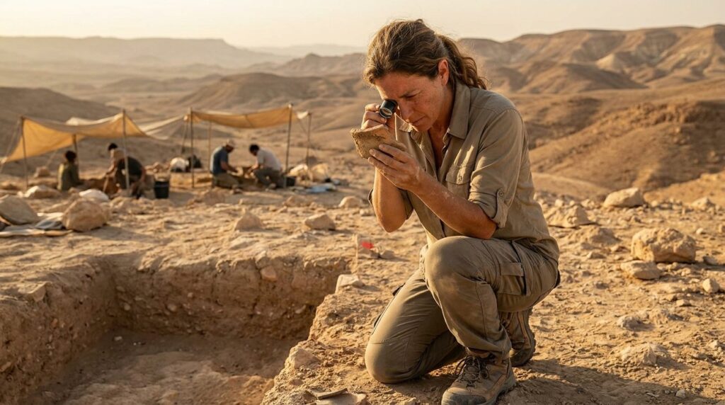 Israeli archaeologist examines artifacts at desert dig site.
