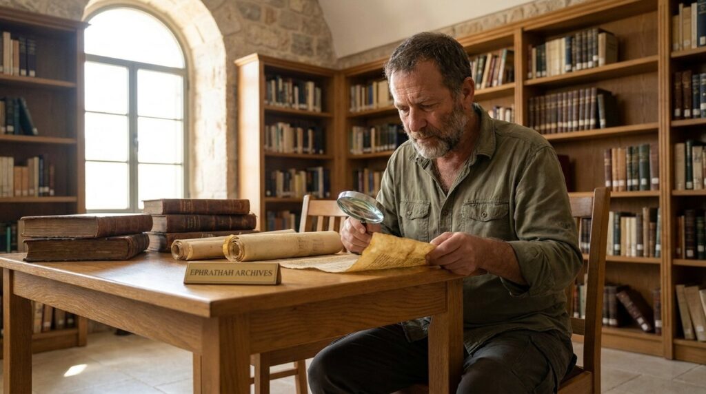 Israeli historian examines ancient texts in a traditional library setting.