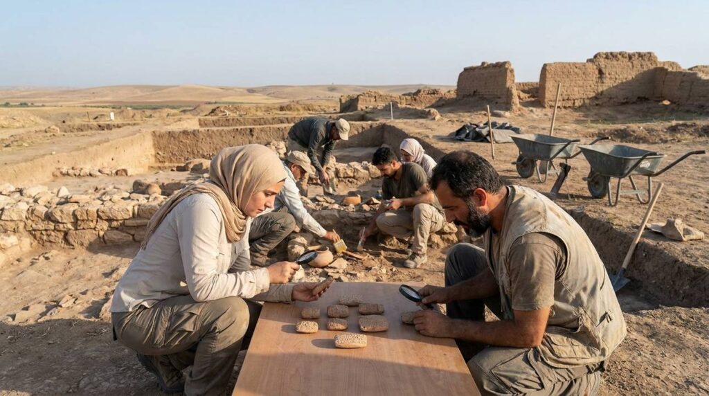 Archaeologists examining cuneiform tablets at Ebla excavation site, Syria.