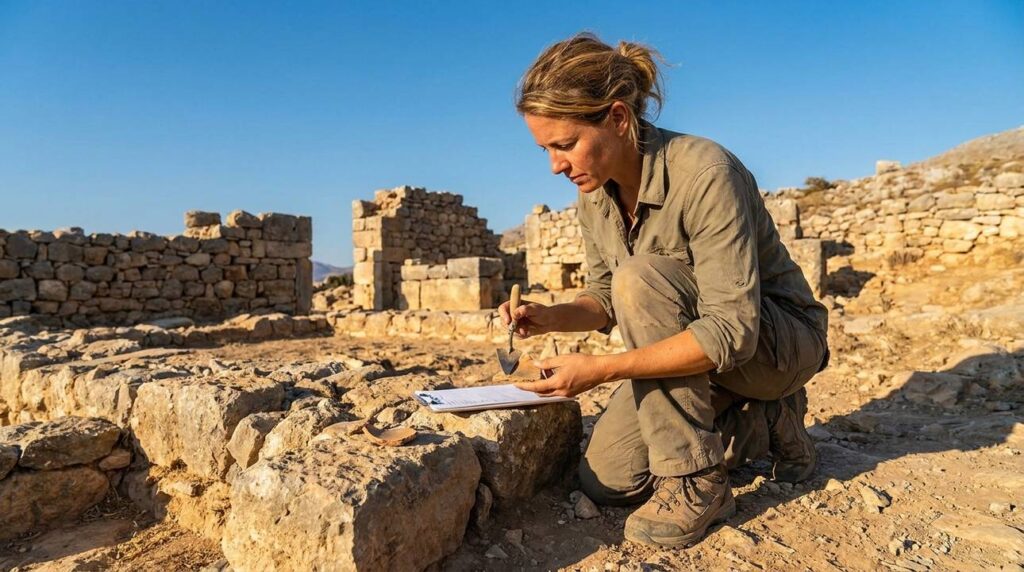 Israeli archaeologist examines ancient ruins in Samaria with tools in hand.