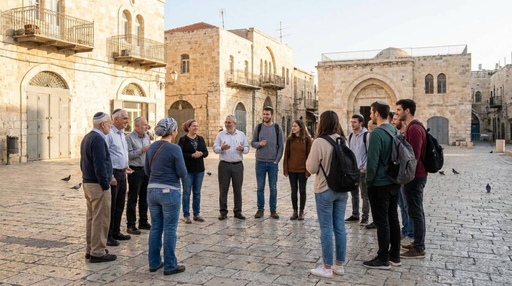 Diverse Israeli group discussing in a historical Jerusalem square.
