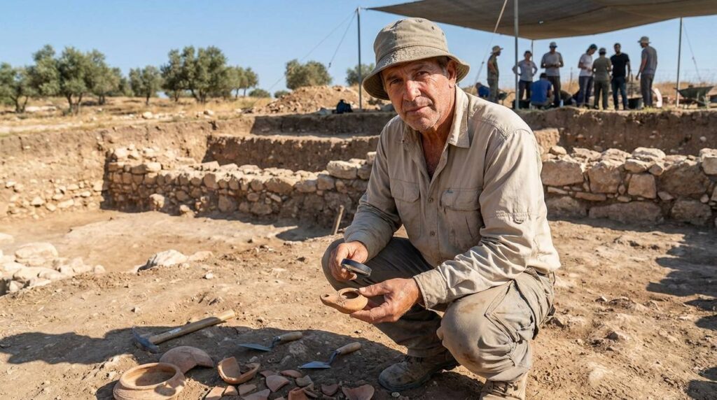 Israeli archaeologist examines artifacts at Jerusalem dig site.