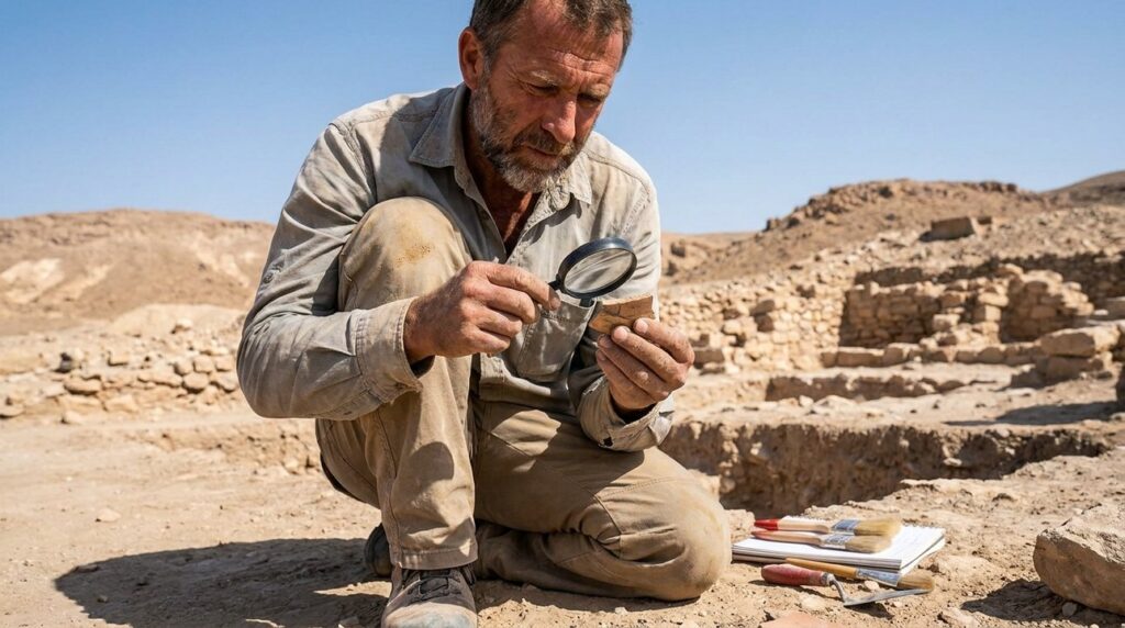 Middle-aged archaeologist examines pottery shard at desert archaeological site.