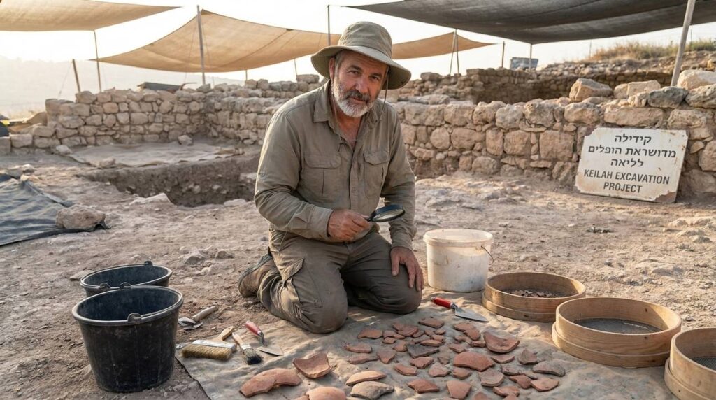 Israeli archaeologist examines pottery shards at Keilah ruins.