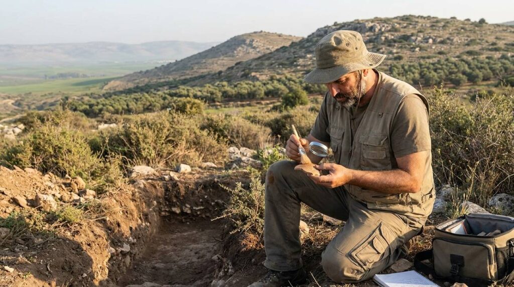 Israeli archaeologist examines ancient artifacts in Gilead's rugged hills at dawn.