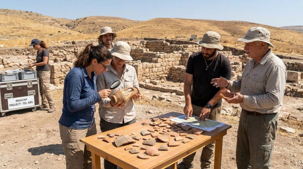 Archaeologists examining pottery at Maacah dig site under sunny skies.
