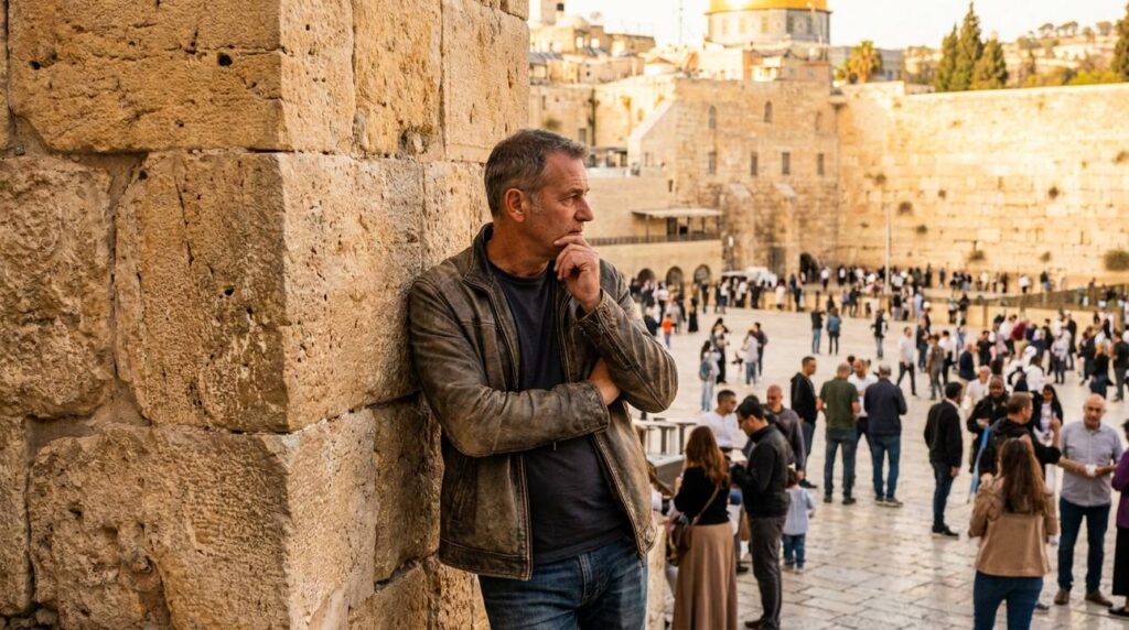Middle-aged Israeli man standing thoughtfully by Jerusalem's ancient walls.