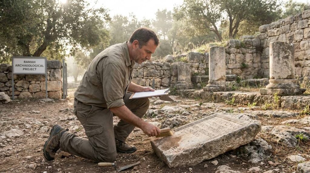 Researcher examines ancient stone ruins in Ramah, Israel.