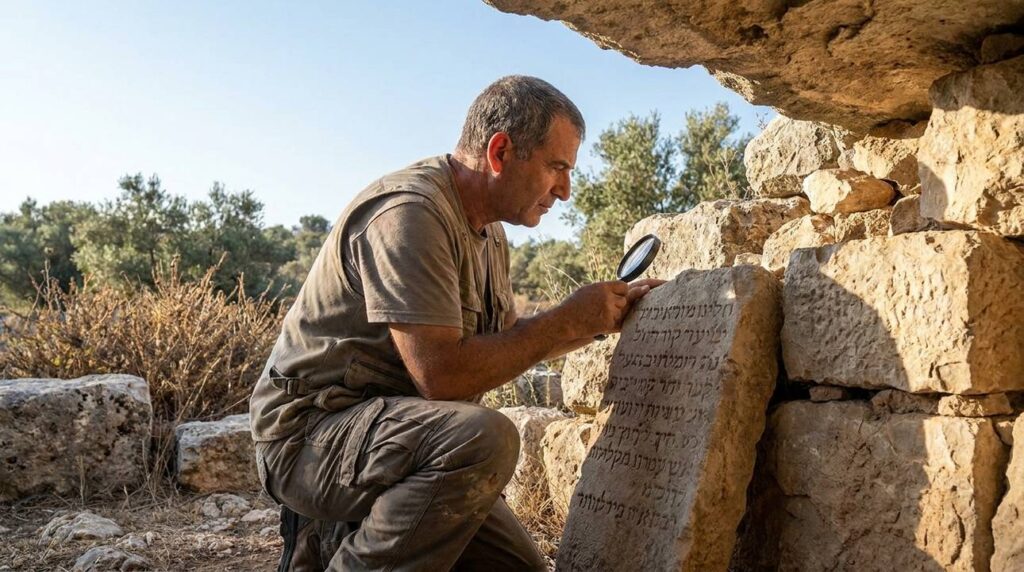 Israeli archaeologist examines ancient stone ruins at En Hakkore.