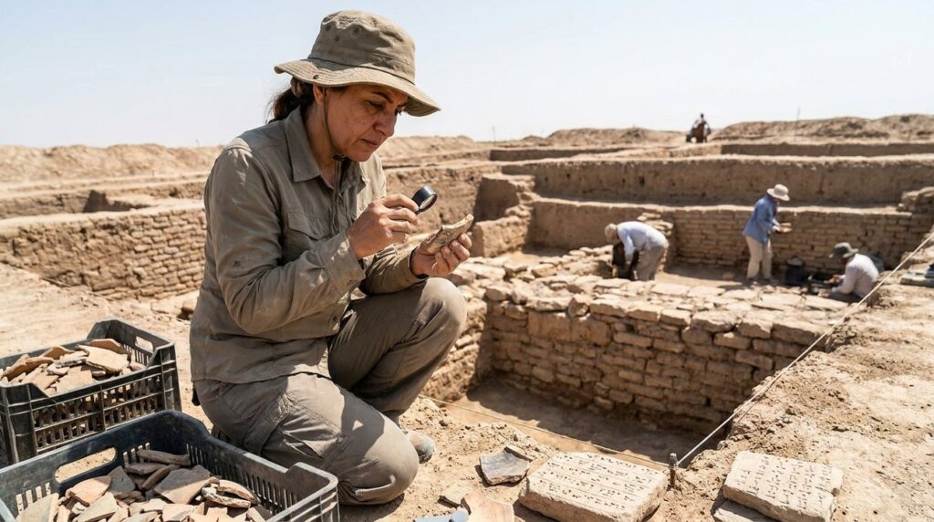 Middle Eastern archaeologist examines Elamite artifacts at Susa excavation site.
