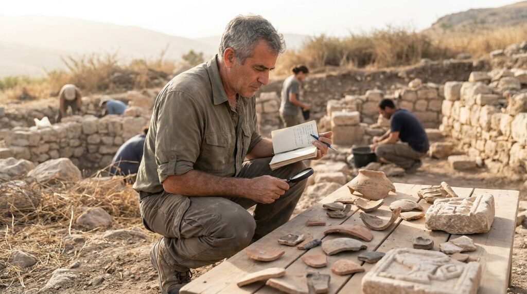 Middle-aged Israeli historian examines artifacts in Shaveh valley.