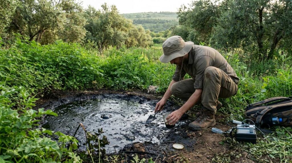 Israeli archeologist examining tar pits in valley with lush greenery.