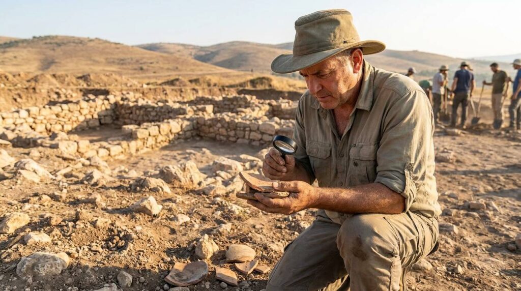 Israeli archaeologist examining pottery shards at Jezreel Valley dig site.