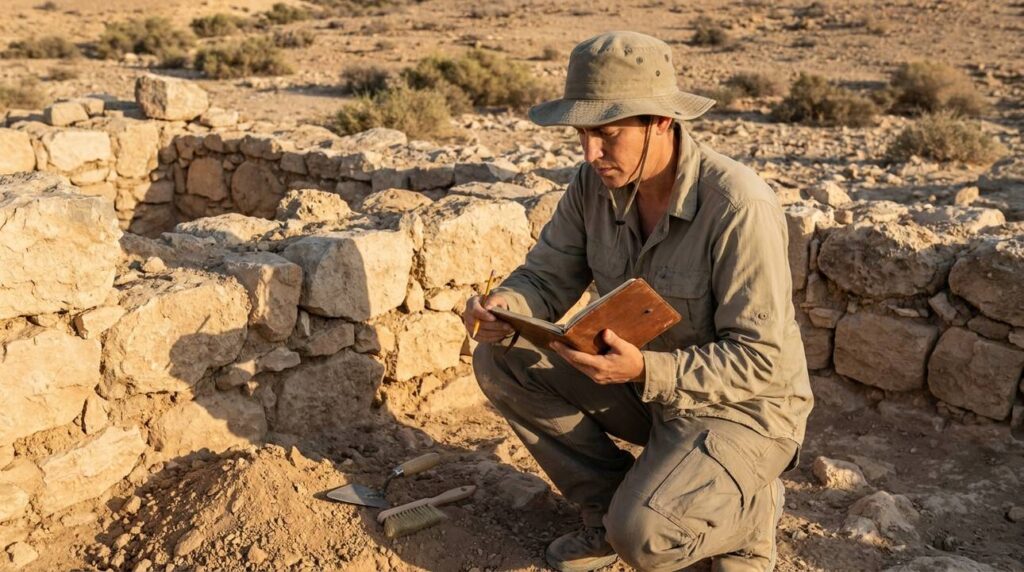 Israeli archaeologist examining stone ruins in Negev desert with notebook.