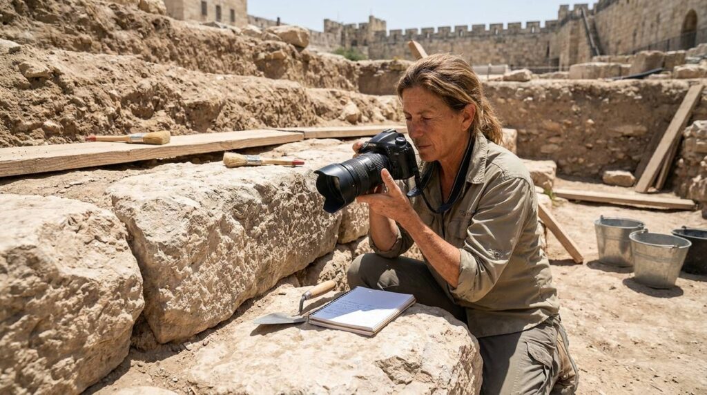 Israeli archaeologist photographs Stepped Stone Structure in Jerusalem.