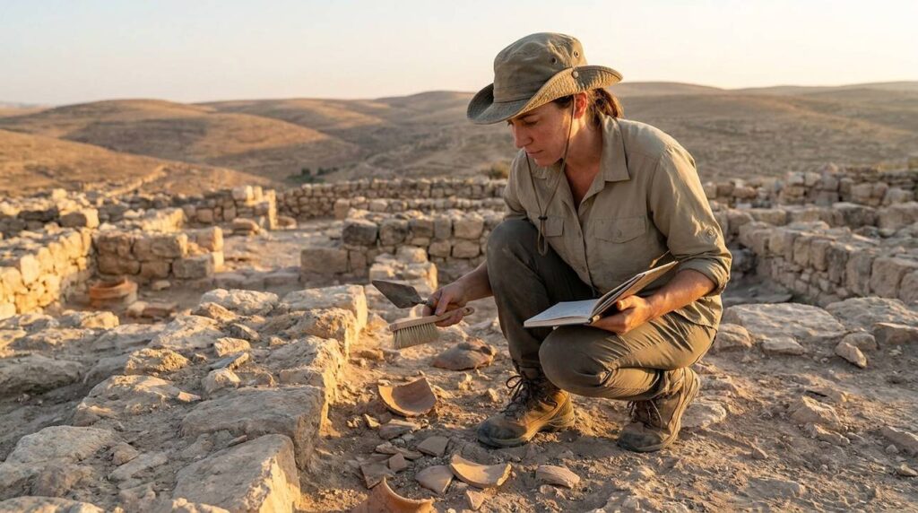 Archaeologist examines ruins at Heshbon, Israel, with tools and notebook.