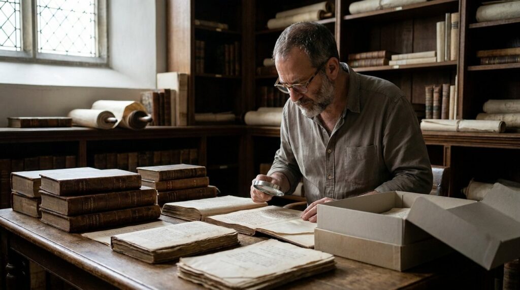 Middle-aged Israeli man studies ancient texts in dim archive room.