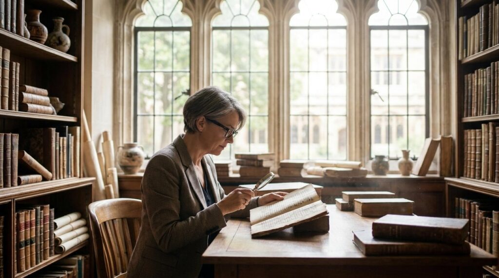Israeli scholar in her 50s examines ancient texts in library.