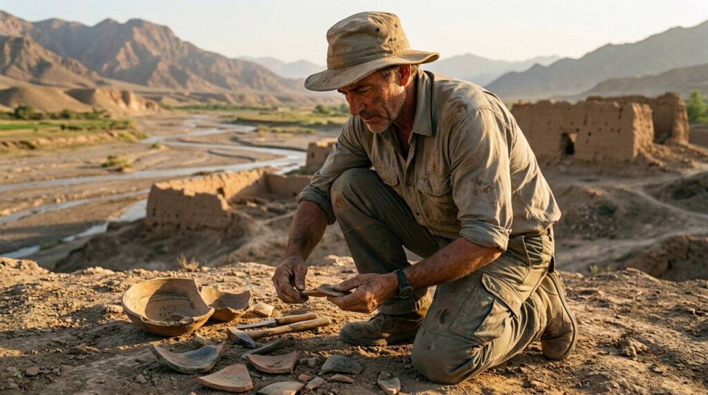 Archaeologist in field attire examining artifacts in a sunlit valley.