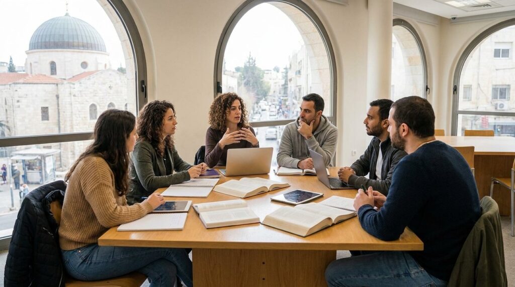 Diverse Israeli scholars discussing with books and tablets in library.