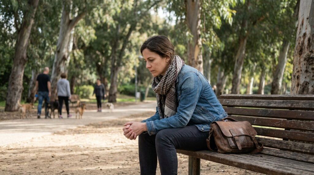 Israeli woman sitting on a park bench in thoughtful pose.