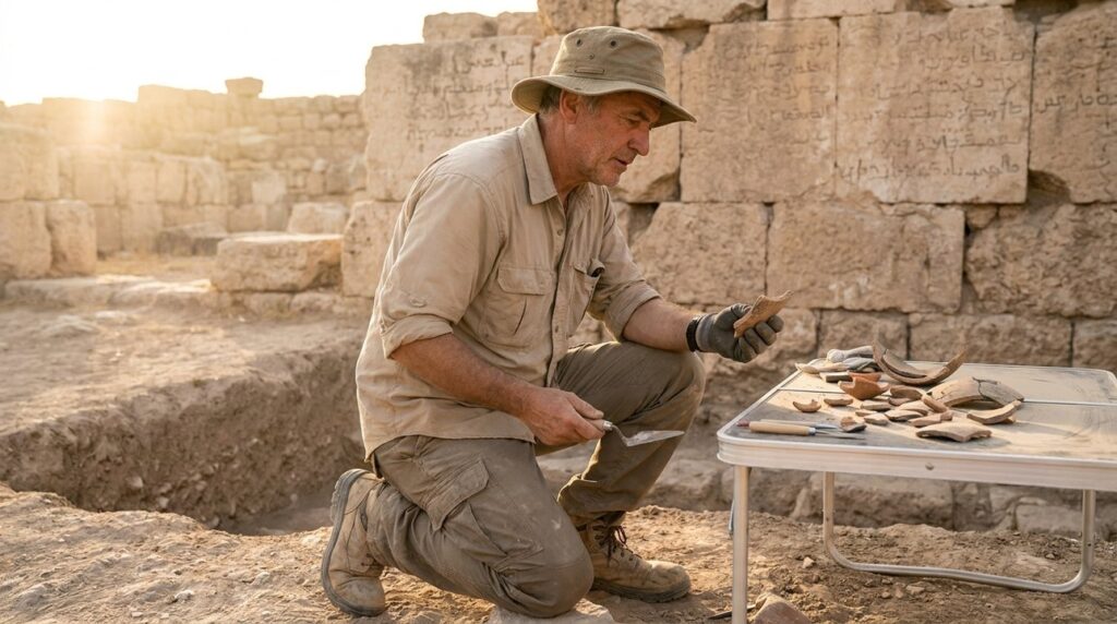 Archaeologist examines pottery shards in Damascus ruins.