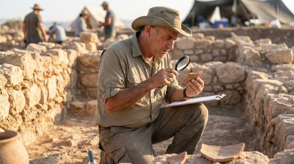 Israeli archaeologist examines artifacts at Ophrah site with clipboard and tools.