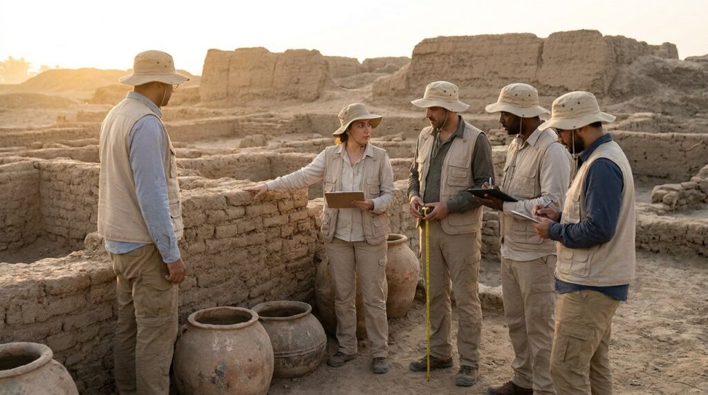 Archeologists, diverse in gender, examine ancient granaries, discussing and measuring.