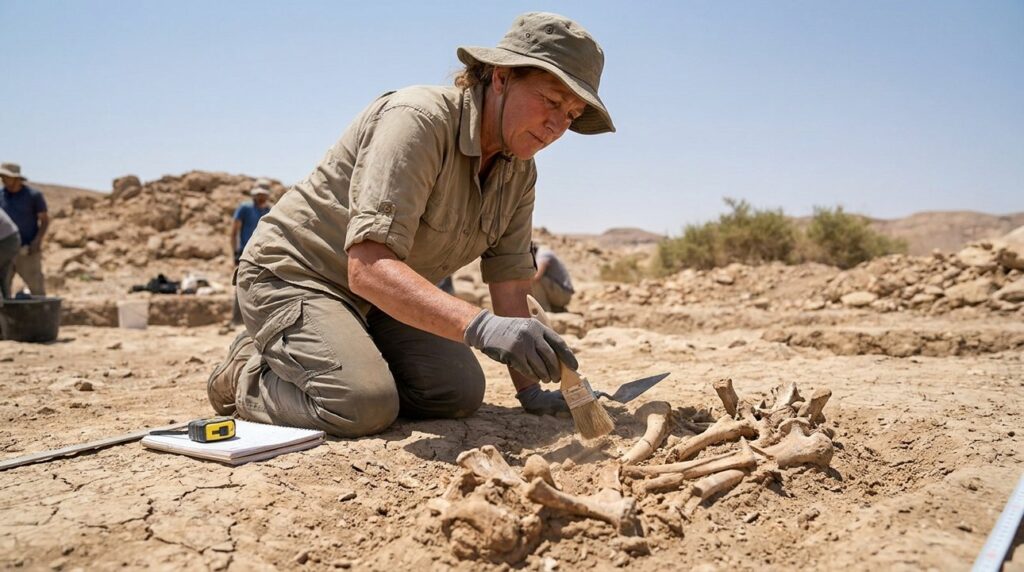 Israeli archeologist examines ancient bones in Negev desert.