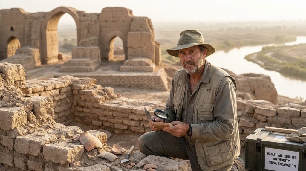 Israeli archaeologist examines ancient ruins near Ulai River in field gear.