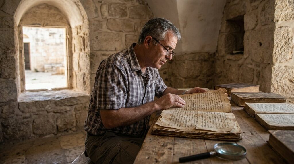 Israeli historian examines ancient manuscript at rustic table in Anatot.