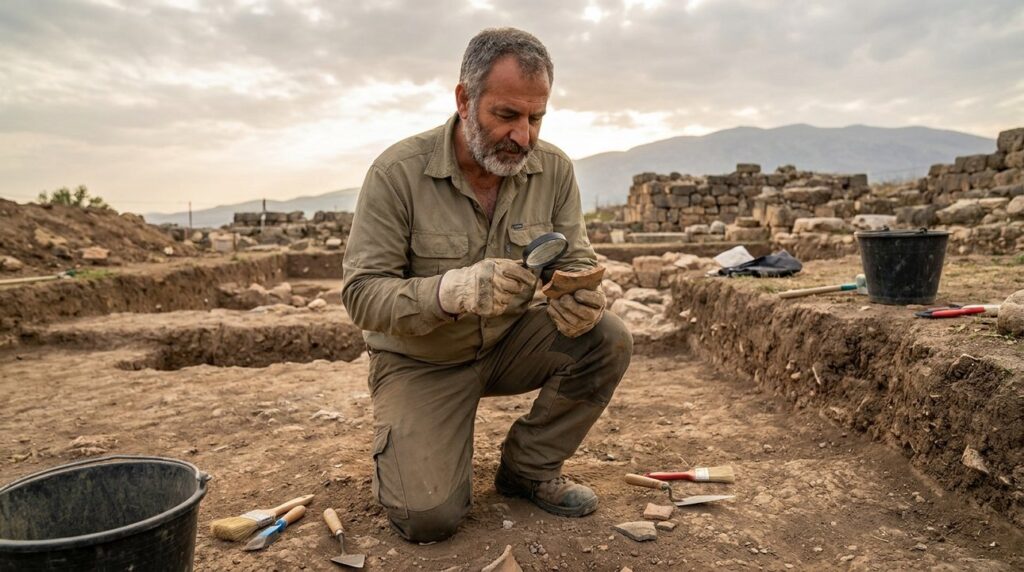 Archaeologist examines ancient artifact at Baal Hermon excavation site.