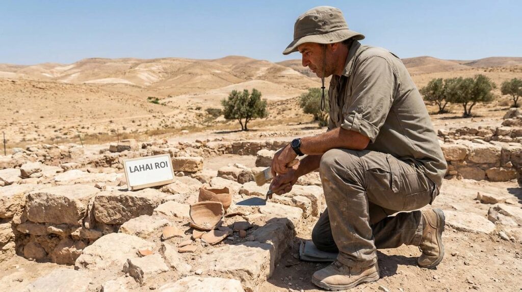Israeli archeologist examines ancient ruins at Lahai Roi in sunlight.